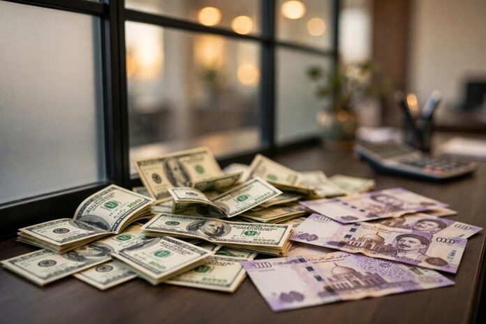 أوراق نقدية من الدولار الأمريكي والجنيه المصري على منضدة بنك في مكتب صرافة