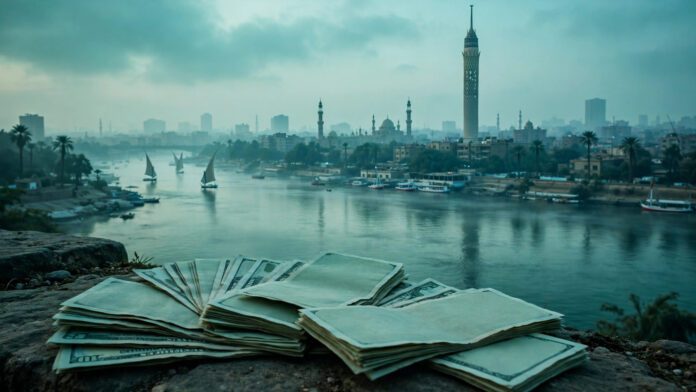 أوراق دولار أمريكي وخلفية أفق القاهرة ونهر النيل عند الفجر بألوان خضراء مزرقة