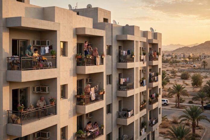 عمارات سكنية حديثة للإسكان الاجتماعي في مصر وقت الغروب وشرفات عائلية