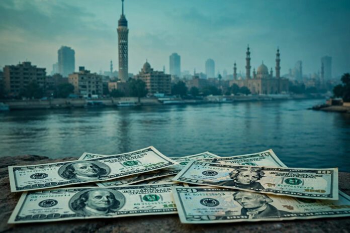 أوراق دولار أمريكي وخلفية أفق القاهرة ونهر النيل عند الفجر بألوان خضراء مزرقة