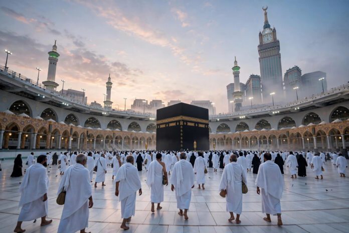 حجاج بملابس الإحرام البيضاء حول الكعبة المشرفة في مكة عند الفجر