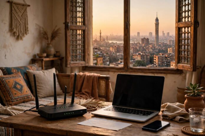 راوتر إنترنت منزلي على مكتب في شقة مصرية ولابتوب وهاتف بجانبه