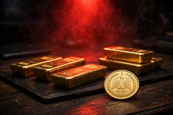 سبائك ذهب وجنيه ذهب مصري على مكتب تداول داكن مع توهج أحمر هابط