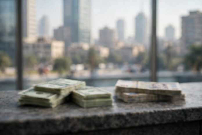 أوراق دولار أمريكي أمام أفق القاهرة ونهر النيل في ضوء الصباح