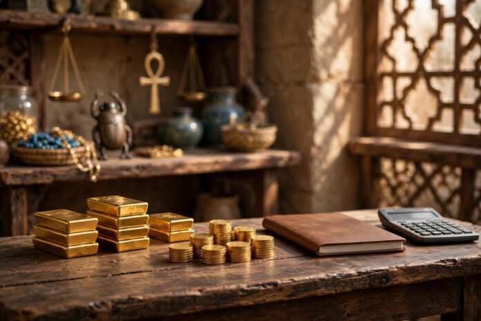 يد تضع عملة ذهبية فوق حصالة زجاجية بجانب سبائك صغيرة بإضاءة دافئة