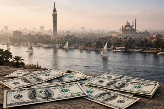 أوراق دولار أمريكي أمام أفق القاهرة ونهر النيل في ضوء الصباح