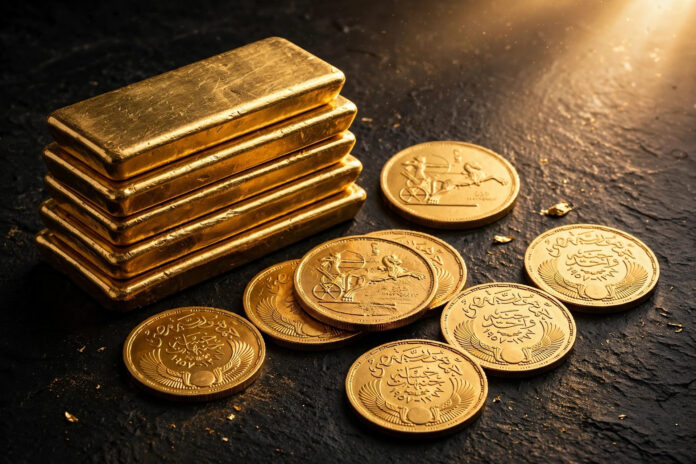art_b1_oct27_gold سبائك ذهب وجنيه ذهب مصري على سطح داكن بإضاءة ذهبية دافئة