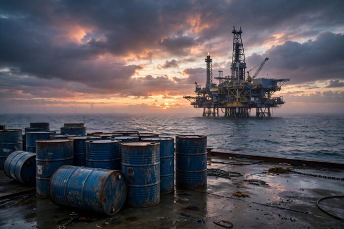 art_b1_oct27_oil براميل نفط ومنصة بحرية عند الفجر وسماء درامية