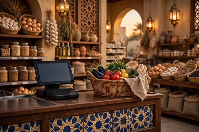 سلة مشتريات عند كاشير سوبر ماركت مصري في إضاءة دافئة دون أي نصوص مقروءة
