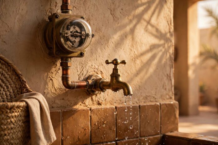 art_b1_water_oct24 عداد مياه منزلي وحنفية عليها قطرات ماء في إضاءة دافئة داخل بيت مصري