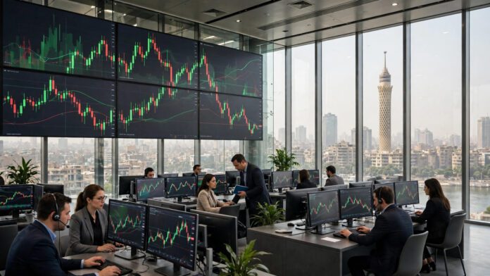قاعة تداول البورصة المصرية وشاشات المؤشرات في منتصف تعاملات الأربعاء 21 أكتوبر 2026