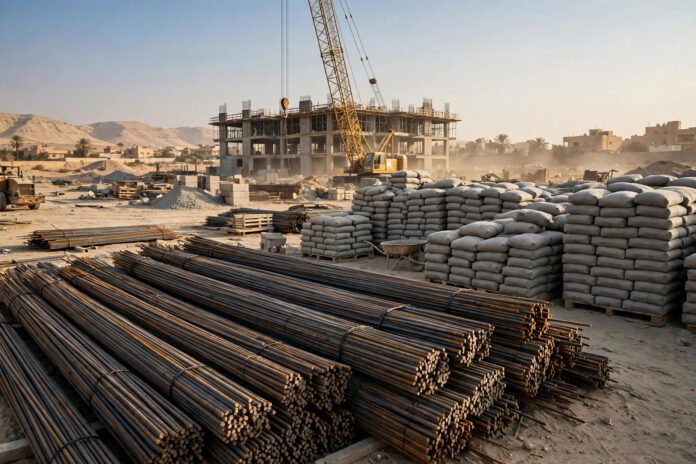 art_b2_oct26_iron قضبان حديد تسليح وأكياس أسمنت في مخزن مواد بناء بإضاءة صناعية
