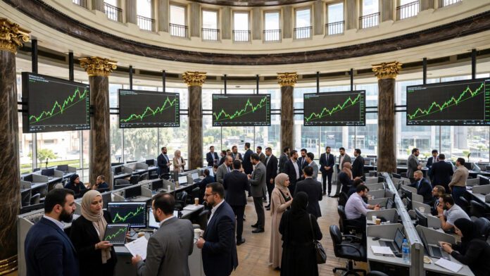 قاعة تداول البورصة المصرية ومستثمرون يتابعون شاشات الأسهم خلال اكتتاب بنك القاهرة