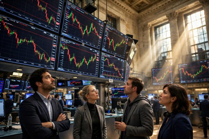 قاعة تداول وول ستريت وشاشات الأسهم الأمريكية في منتصف جلسة الجمعة