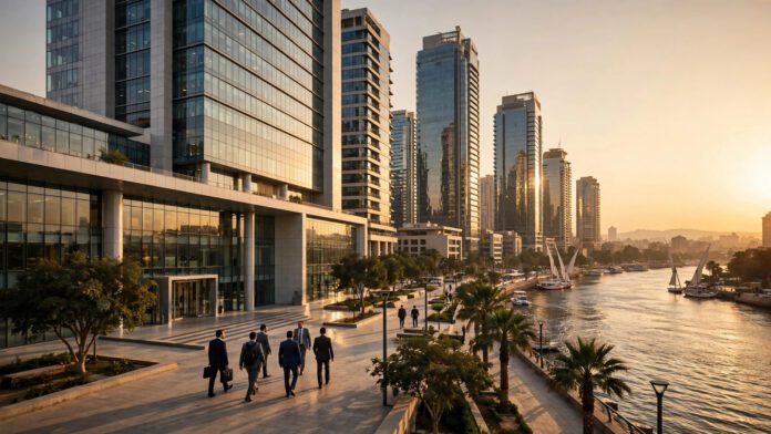 مباني بنوك ومؤسسات مالية في القاهرة عند الغروب في سياق طرح بنك القاهرة في البورصة المصرية