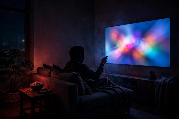 art_b4_netflix_oct20 مشاهدة محتوى بث رقمي على شاشة تلفزيون كبيرة في غرفة معيشة ليلية