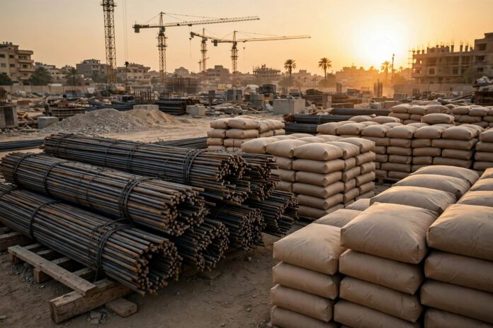 أسياخ حديد تسليح وأكياس أسمنت في موقع إنشاءات مصري وقت الغروب