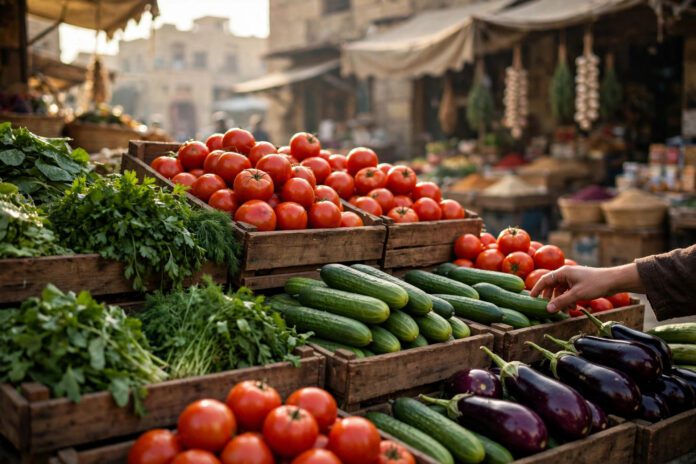 سوق خضار مصري صباحًا: صناديق خشبية ممتلئة بالطماطم والخضروات الورقية والخيار في أجواء سوق شعبي بالقاهرة