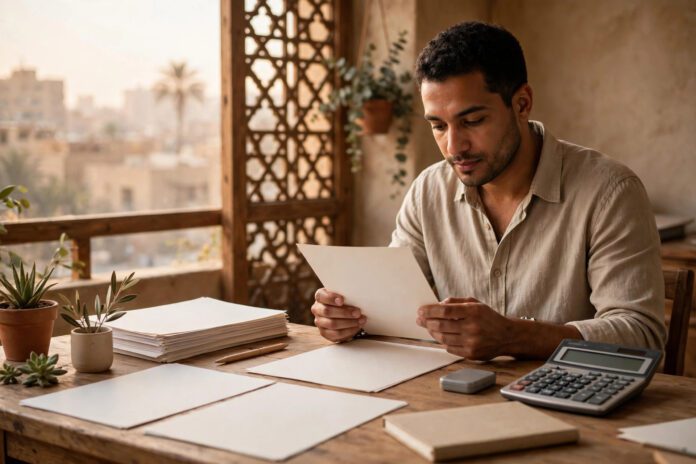 موظف مصري يراجع مفردات مرتبه ويحسب ضريبة الدخل على المرتبات