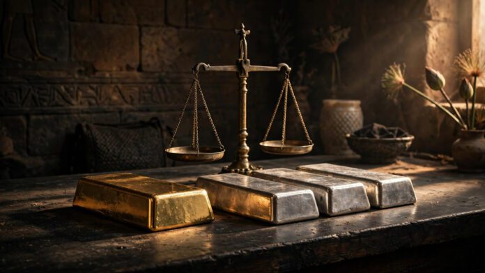 سبائك ذهب وفضة على ميزان محل مجوهرات للمقارنة بين الذهب والفضة