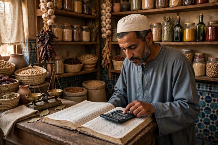 صاحب محل مصري صغير يراجع دفتر حساباته ويدير التدفق النقدي لمشروعه