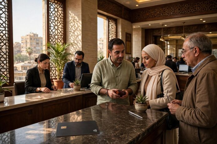 عميل داخل فرع بنك في القاهرة يراجع كشف حسابه وبطاقة الخصم على مكتب خدمة العملاء