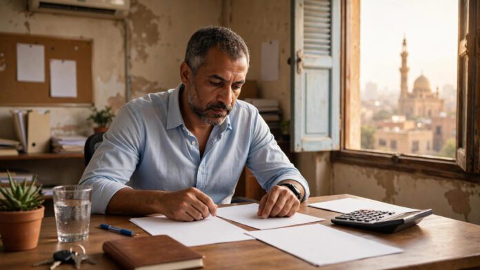 b1e1_oct19 موظف مصري يراجع أوراق المعاش المبكر وحساب التأمينات قبل ترك العمل