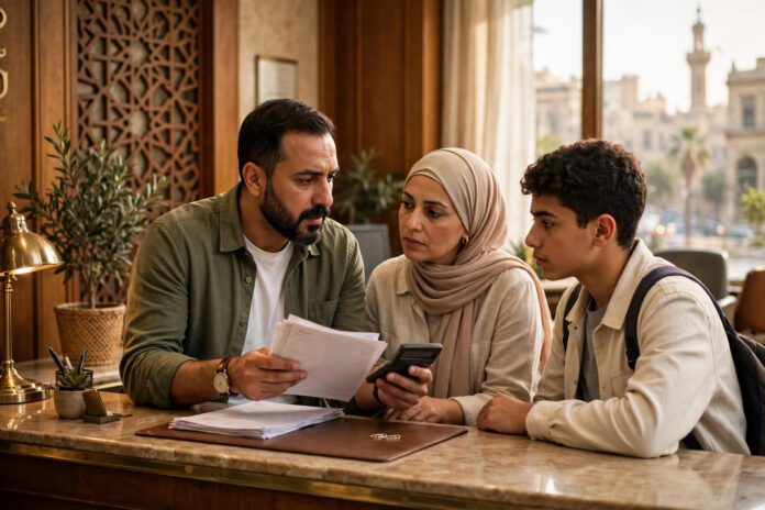 أسرة مصرية تناقش تمويل مصاريف الجامعة مع موظف بنك وتحسب قسط قرض التعليم