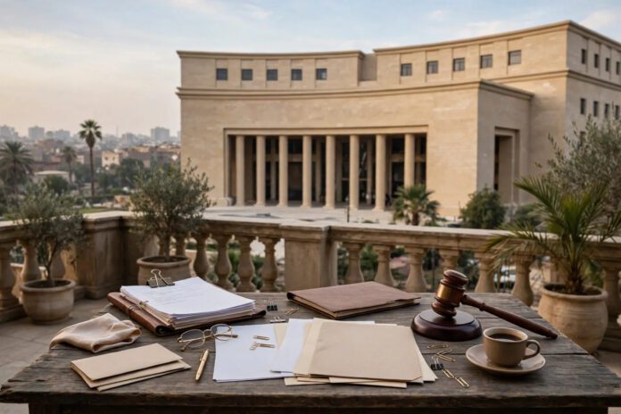 مبنى البنك المركزي المصري وأوراق مالية على مكتب