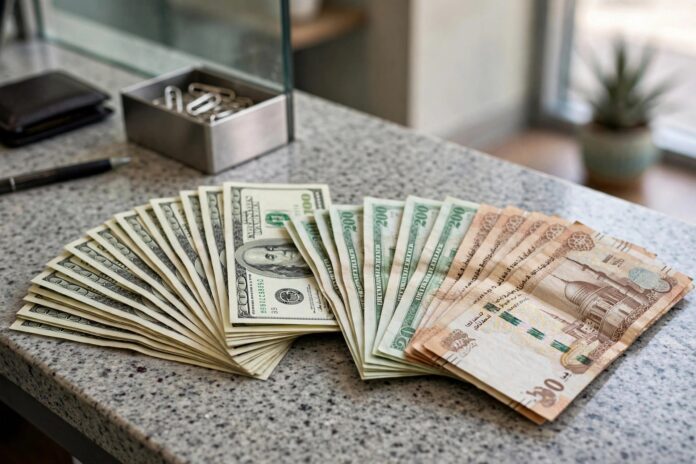 b1news_oct13_dollar أوراق دولار أمريكي وجنيه مصري على مكتب بنك