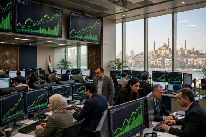 قاعة تداول البورصة المصرية وشاشات خضراء صاعدة
