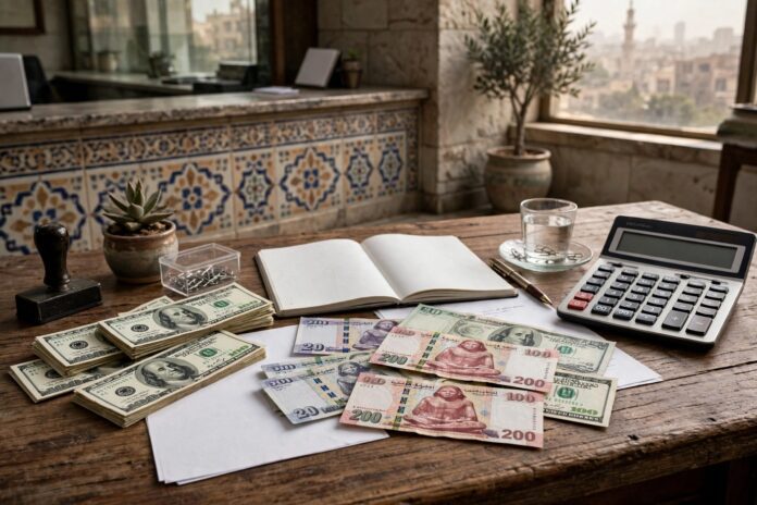 دولار أمريكي وجنيه مصري على مكتب بنك في القاهرة