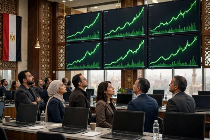 قاعة تداول البورصة المصرية ومستثمرون يتابعون طرحًا جديدًا قاعة تداول البورصة المصرية ومستثمرون يتابعون طرحًا جديدًا