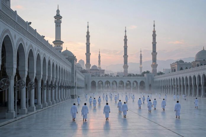 b1oct23e_umrah معتمرون بملابس الإحرام في ساحة المسجد الحرام بمكة المكرمة