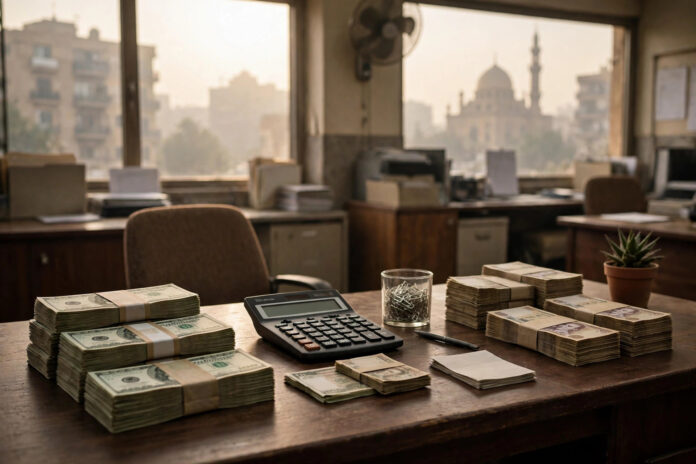 b1oct23n_n2 أوراق نقدية بالدولار الأمريكي والجنيه المصري على مكتب صرافة