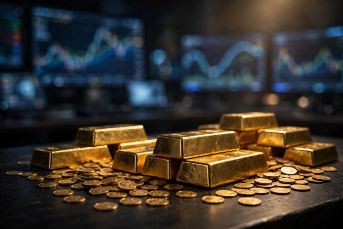 سبائك ذهب على مكتب تداول في الأسواق العالمية