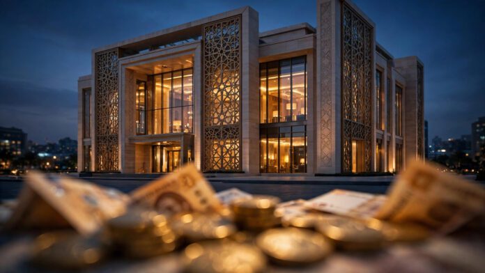 واجهة بنك مصري حديث وعملات ذهبية تعبر عن سباق البنوك على شهادات الادخار