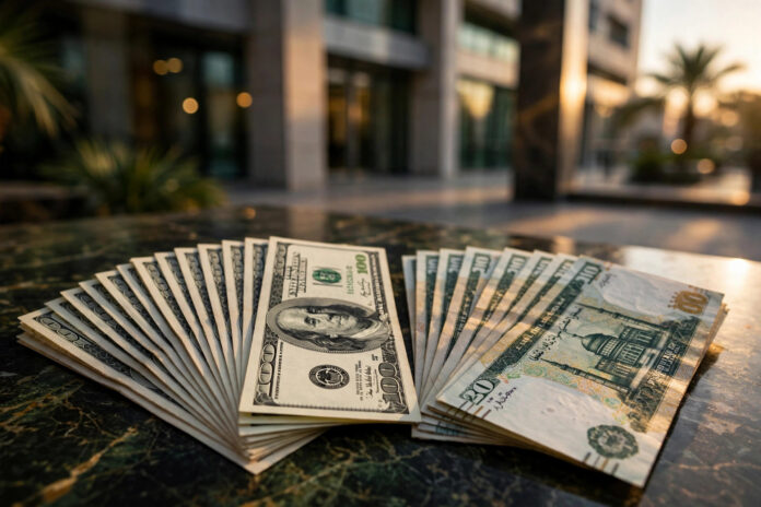 أوراق نقدية من الدولار الأمريكي والجنيه المصري أمام مبنى بنك - سعر الدولار اليوم