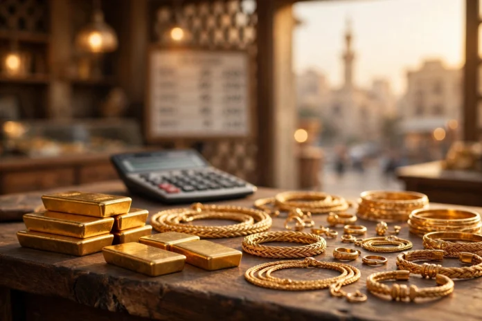 سبائك ومشغولات ذهبية على طاولة صائغ في مصر مع إضاءة دافئة تعكس استقرار أسعار الذهب