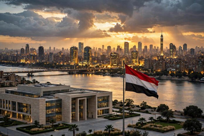 أفق القاهرة وقت الغروب مع العلم المصري ومبنى حكومي على ضفاف النيل
