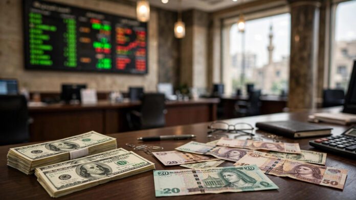 أوراق دولار أمريكي وجنيه مصري على مكتب بنك مع شاشة أسعار صرف