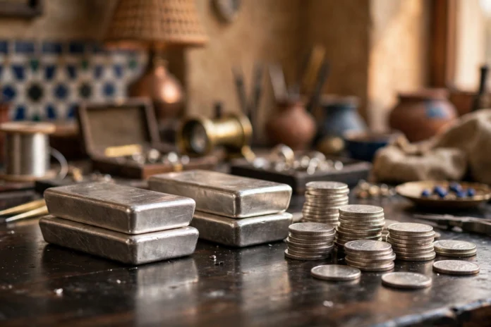أسعار الفضة في مصر اليوم - سبائك فضة سبائك وعملات فضية لامعة على سطح داكن ترمز إلى أسعار الفضة في مصر اليوم