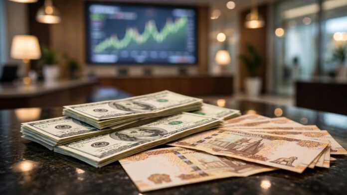 أوراق نقدية من الدولار الأمريكي والجنيه المصري على منضدة بنك - سعر الدولار اليوم في مصر