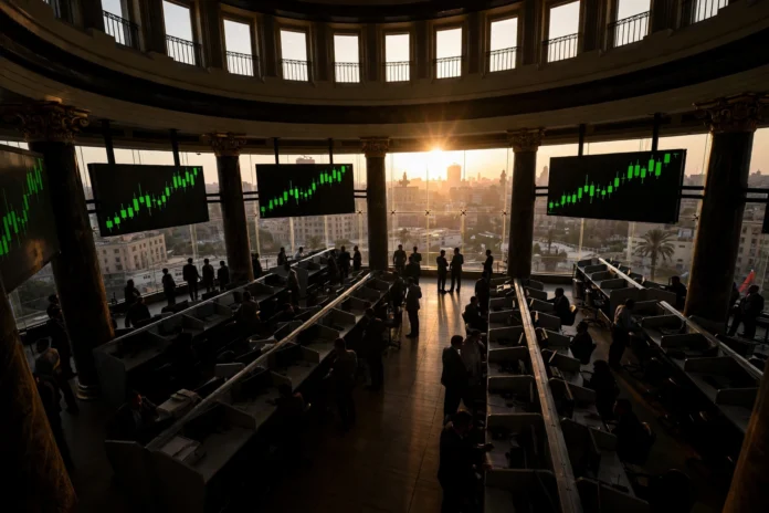 b3_egx_trading قاعة تداول البورصة المصرية في القاهرة وشاشات تعرض شموعا خضراء صاعدة تعكس صعود مؤشرات السوق