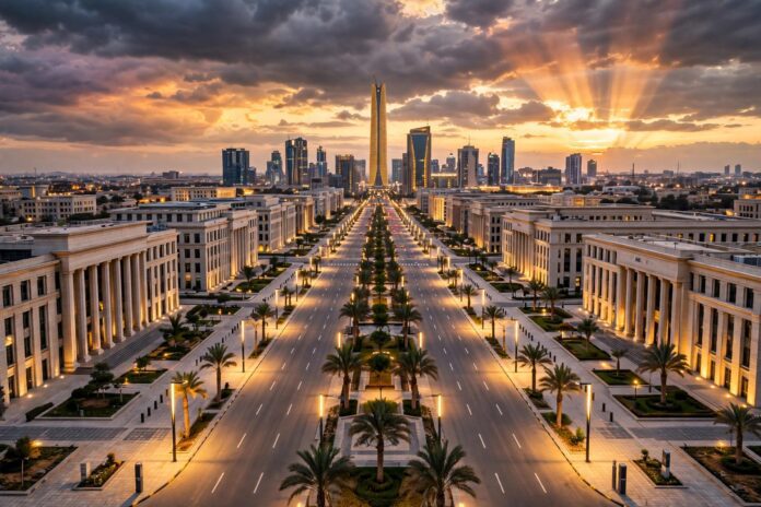الحي الحكومي في العاصمة الإدارية الجديدة عند الغروب