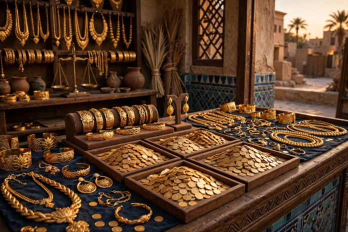 مشغولات وعملات ذهبية في محل صاغة مصري بإضاءة مسائية دافئة تعكس حركة أسعار الذهب في مصر
