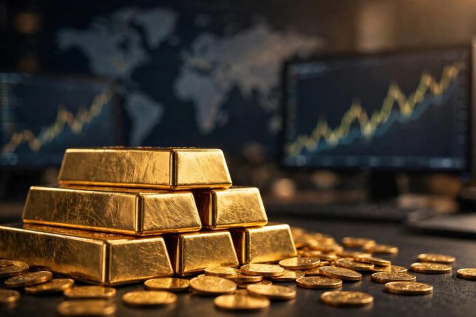 سبائك ذهبية وعملات ذهبية أمام خريطة العالم ورسوم بيانية لأسواق المال العالمية