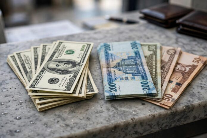 أوراق دولار أمريكي بجانب جنيهات مصرية على شباك بنك في إغلاق تعاملات الثلاثاء