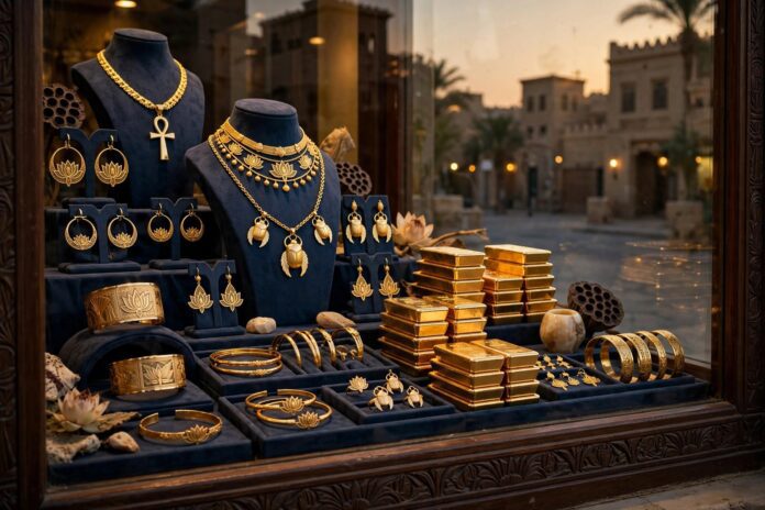 مشغولات وسبائك ذهبية في واجهة محل صاغة مصري