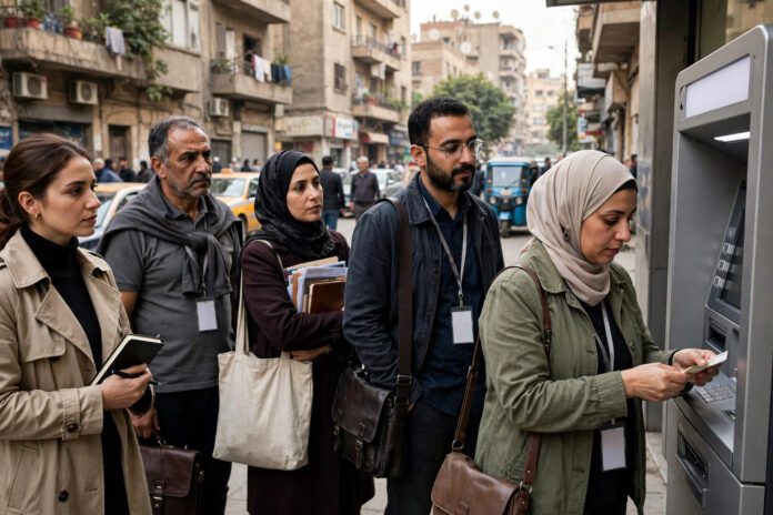 موظفون مصريون يصرفون مرتبات أكتوبر 2026 من ماكينة صراف آلي في القاهرة